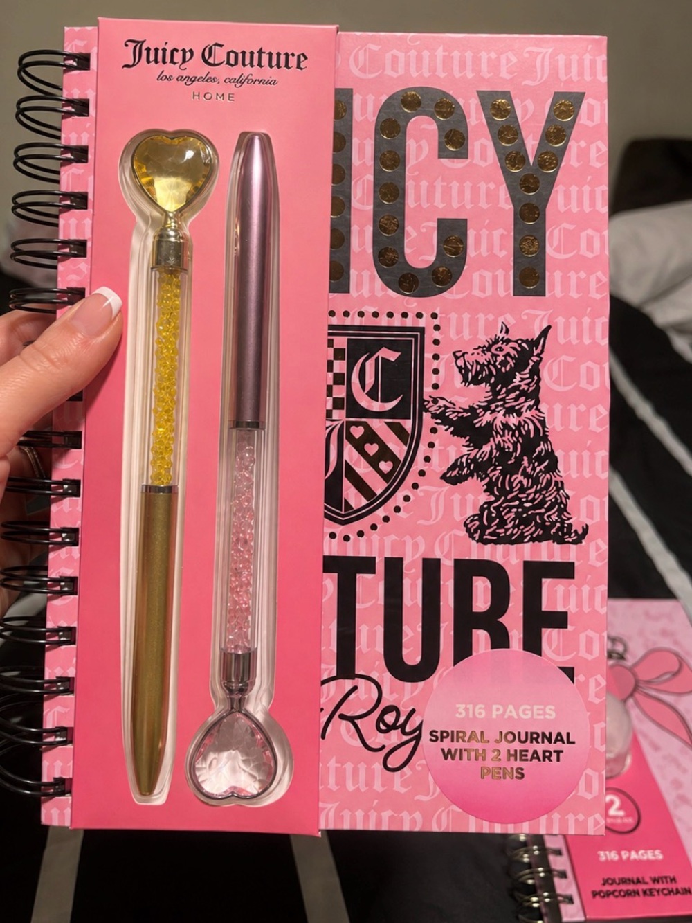 Juicy Couture Pink Spiral Journal with Gold & Silver Heart Pens